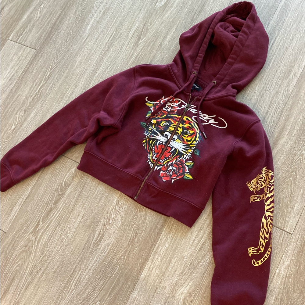 Ed Hardy Maroon Tiger Graphic Zip-Up Hoodie - XL